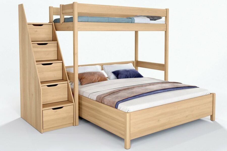 Poschoďová postel s manželskou postelí se schody a s úložným prostorem JUNIOR 15